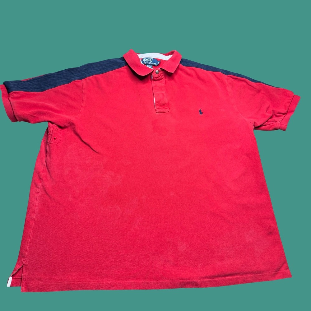 Polo Ralph Lauren Mens 2XLT Red Polo Rugby Shirt Distressed Y2K Cotton